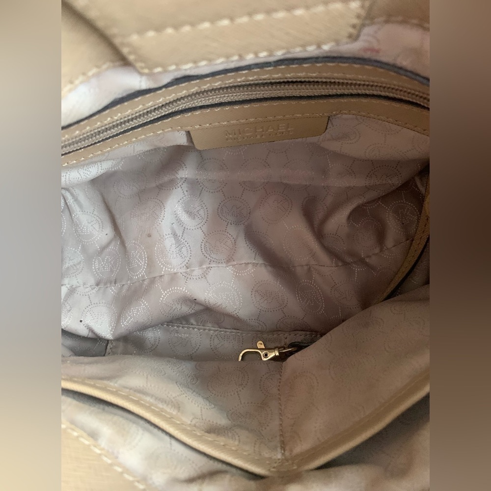 Michael Kors Hamilton Beige Saffiano Leather Satchel, Gold Chain Accent and Lock - Picture 15 of 15